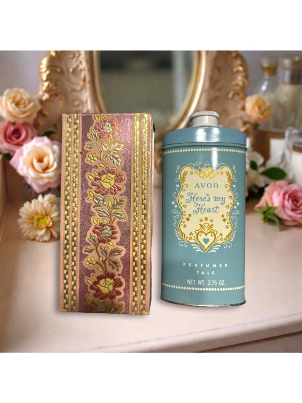 Avon Heres My Heart Perfumed Talc 2.75 Oz With Decorative Box - Vintage Floral D - Picture 2 of 2
